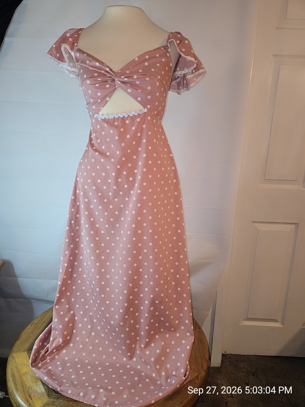 Polka Dot Cutout Maxi Dress in Dusty Pink